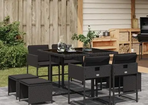 Set mobilier de grădină cu perne, 9 piese, negru, poliratan - 1/5