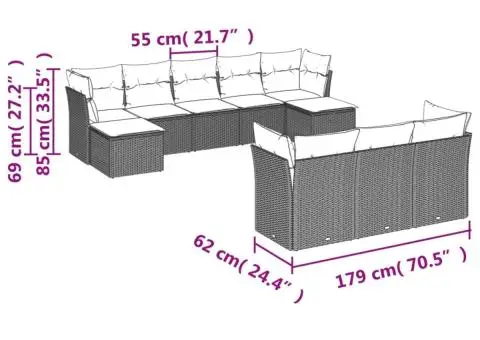 Set canapele de grădină cu perne, 10 piese, bej, poliratan - 3/3