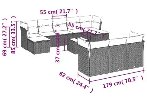Set canapele de grădină cu perne, 11 piese, bej, poliratan - 3/3