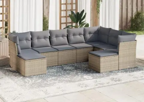 Set canapele de grădină, 9 piese, cu perne, bej, poliratan - 1/3