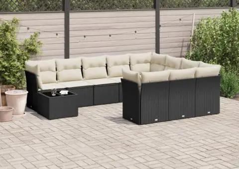 Set canapele de grădină cu perne, 11 piese, negru, poliratan - 1/3