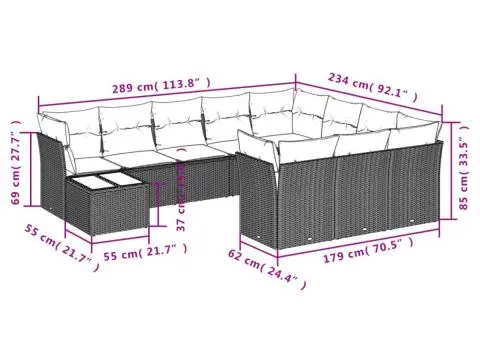 Set canapele de grădină cu perne, 11 piese, negru, poliratan - 3/3