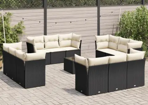 Set mobilier de grădină cu perne, 13 piese, negru, poliratan - 1/3