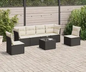 vidaXL Set canapele de grădină cu perne, 7 piese, negru, poliratan