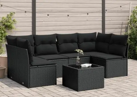 Set canapele de grădină cu perne, 7 piese, negru, poliratan - 1/3