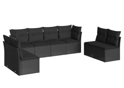 Set mobilier de grădină cu perne, 8 piese, negru, poliratan - 2/3