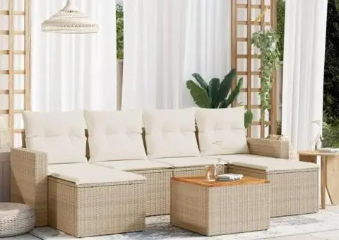 Set canapele de grădină, 7 piese, cu perne, bej, poliratan - 1/3