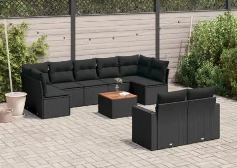 Set canapele de grădină cu perne, 10 piese, negru, poliratan - 1/3
