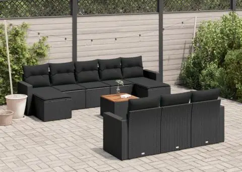 Set canapele de grădină cu perne, 11 piese, negru, poliratan - 1/3