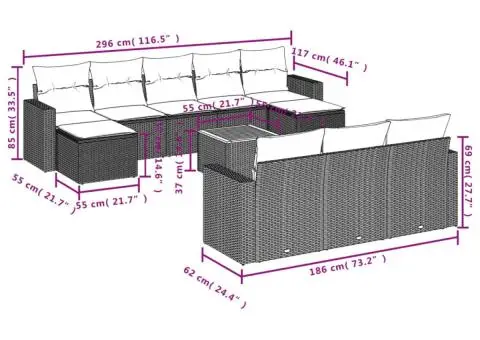 Set canapele de grădină cu perne, 11 piese, negru, poliratan - 3/3