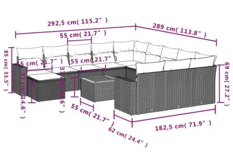 Set mobilier de grădină cu perne, 13 piese, negru, poliratan - 3/3