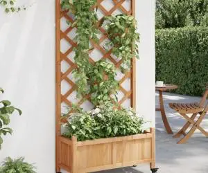 vidaXL Jardinieră cu spalier și roți, maro, lemn masiv de brad