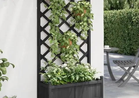 Jardinieră cu spalier și roți, negru, lemn masiv de brad - 1/5