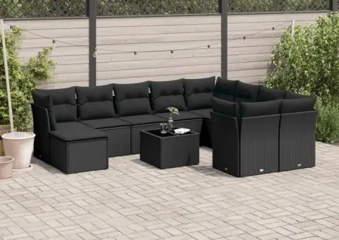 Set canapele de grădină cu perne, 11 piese, negru, poliratan - 1/3