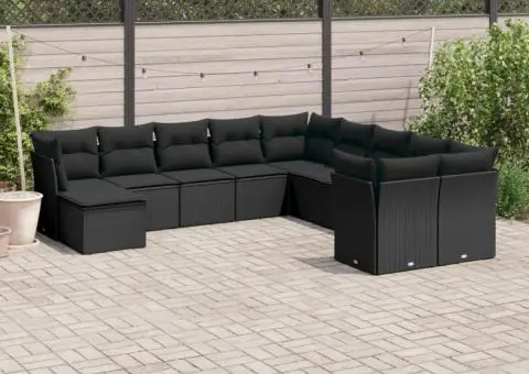 Set canapele de grădină cu perne, 11 piese, negru, poliratan - 1/3