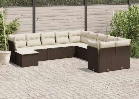 Set canapele de grădină cu perne, 11 piese, maro, poliratan - 1/3