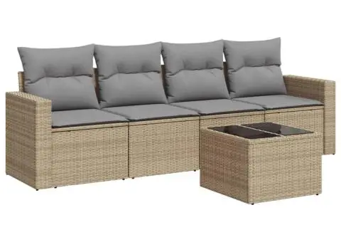 Set canapele de grădină cu perne, 5 piese, bej, poliratan - 2/3