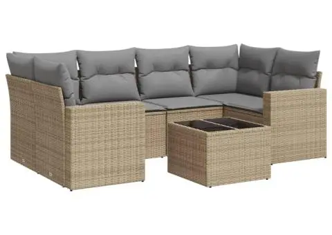 Set canapele de grădină, 7 piese, cu perne, bej, poliratan - 2/3