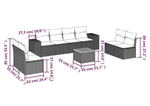 Set canapele de grădină, 9 piese, cu perne, gri, poliratan - 3/3