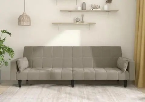 Canapea extensibilă cu 2 locuri, 2 perne, gri deschis, catifea - 1/5