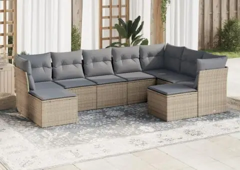 Set canapele de grădină, 9 piese, cu perne, bej, poliratan - 1/3