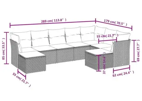 Set canapele de grădină, 9 piese, cu perne, bej, poliratan - 3/3