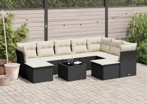 Set canapele de grădină cu perne, 10 piese, negru, poliratan - 1/3