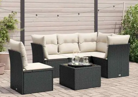 Set mobilier de grădină cu perne, 6 piese, negru, poliratan - 1/5