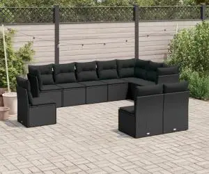 vidaXL Set canapele de grădină cu perne, 10 piese, negru, poliratan