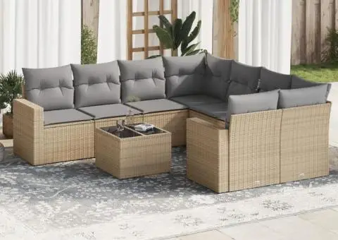 Set canapele de grădină, 9 piese, cu perne, bej, poliratan - 1/3