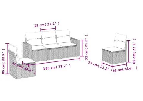 Set canapea de grădină cu perne, 5 piese, gri, poliratan - 3/3