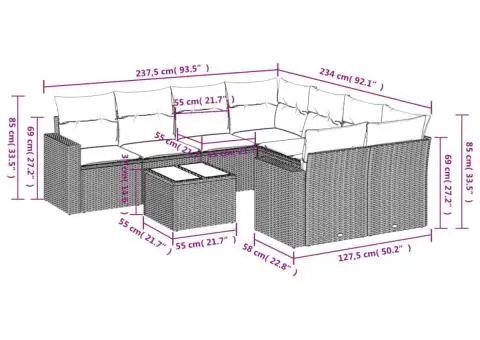 Set canapele de grădină cu perne, 9 piese, maro, poliratan - 3/3