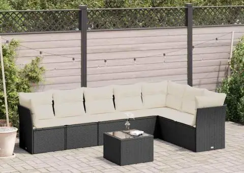Set mobilier de grădină cu perne, 8 piese, negru, poliratan - 1/3