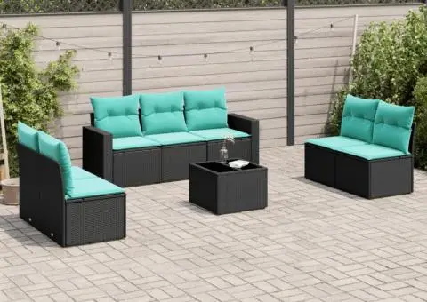 Set mobilier de grădină cu perne, 8 piese, negru, poliratan - 1/3