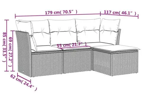 Set canapea de grădină cu perne, 4 piese, gri, poliratan - 3/3