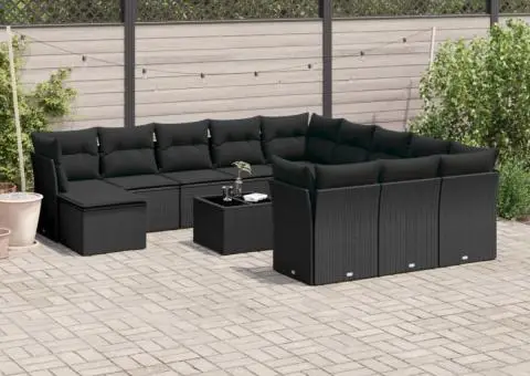 Set mobilier de grădină cu perne, 13 piese, negru, poliratan - 1/3