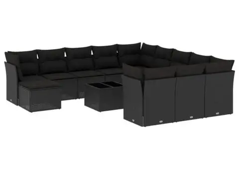 Set mobilier de grădină cu perne, 13 piese, negru, poliratan - 2/3