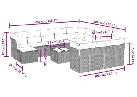 Set canapele de grădină cu perne, 13piese gri deschis poliratan - 3/3
