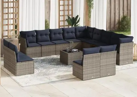 Set mobilier de grădină cu perne, 14 piese, gri, poliratan - 1/3