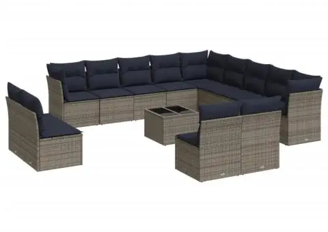 Set mobilier de grădină cu perne, 14 piese, gri, poliratan - 2/3