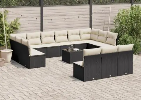 Set mobilier de grădină cu perne, 14 piese, negru, poliratan - 1/3