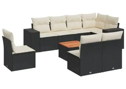 Set mobilier de grădină cu perne, 9 piese, negru, poliratan - 2/3
