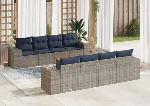 Set canapele de grădină, 9 piese, cu perne, gri, poliratan - 1/3