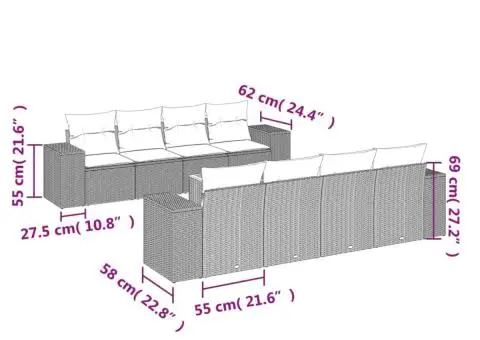 Set canapele de grădină, 9 piese, cu perne, gri, poliratan - 3/3