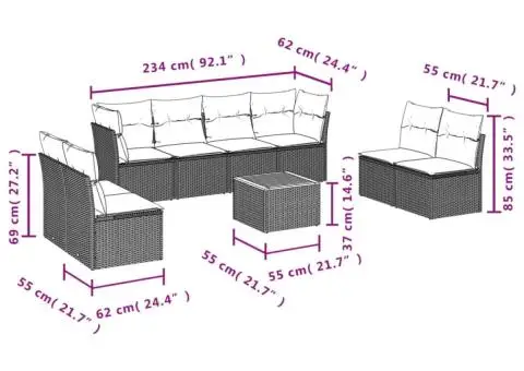 Set mobilier de grădină cu perne, 9 piese, negru, poliratan - 3/3