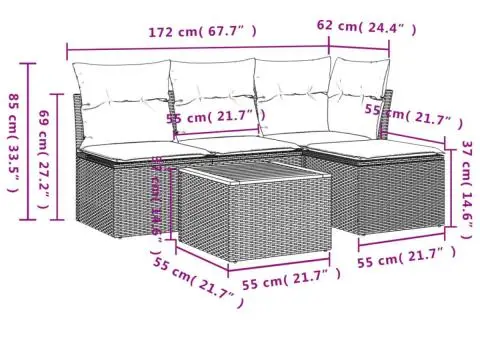 Set mobilier de grădină cu perne, 5 piese, negru, poliratan - 3/3