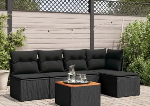 Set mobilier de grădină cu perne, 6 piese, negru, poliratan - 1/3