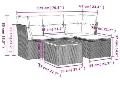 Set canapele de grădină cu perne, 5 piese, bej, poliratan - 3/3
