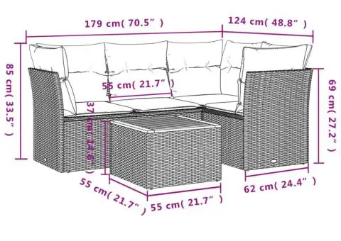 Set mobilier de grădină cu perne, 5 piese, negru, poliratan - 3/3