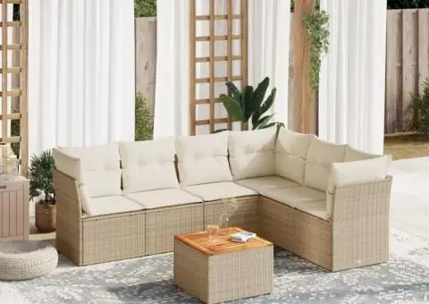 Set canapele de grădină, 7 piese, cu perne, bej, poliratan - 1/3